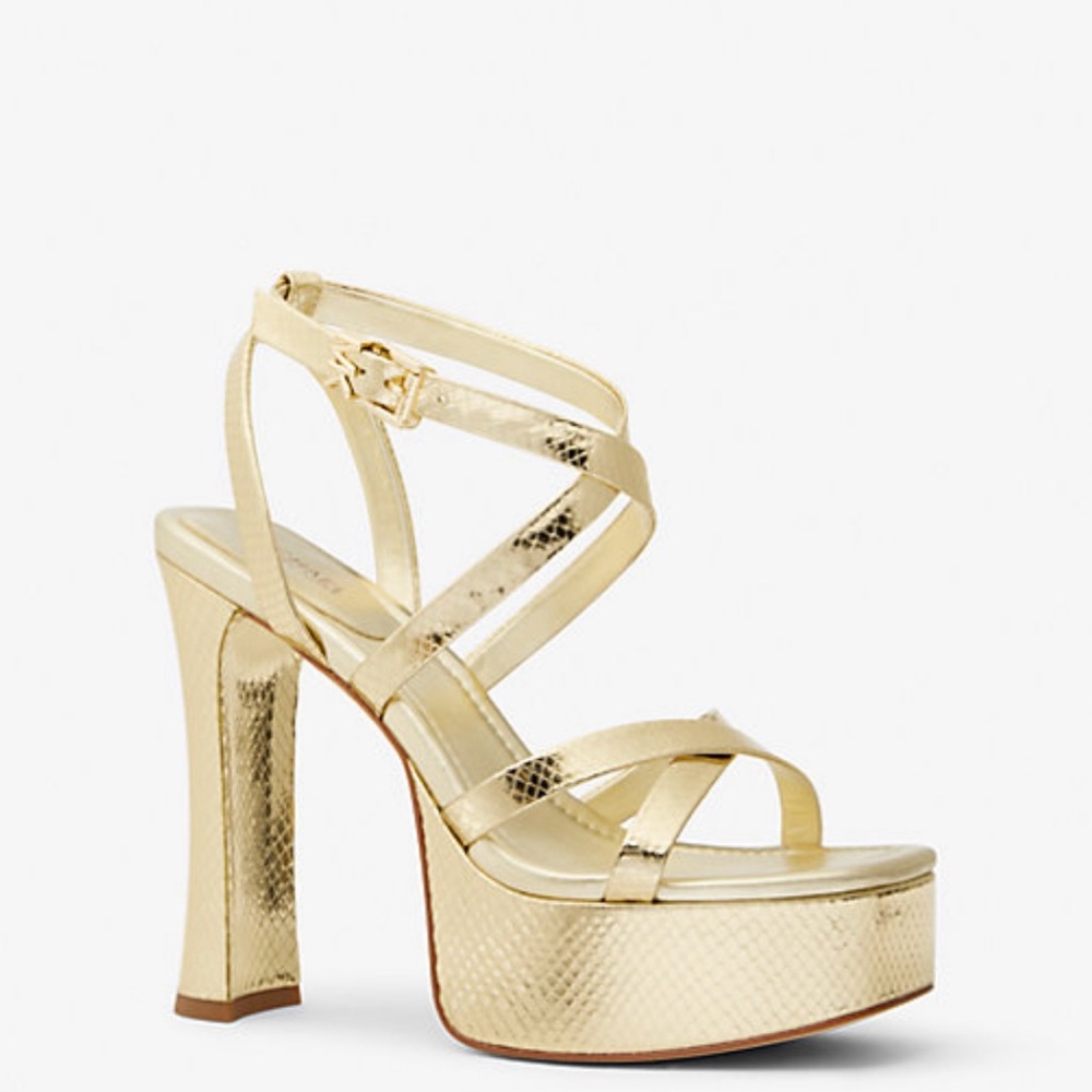 Michael Kors Paola Metallic Gold Snake Embossed Leather Sandal Platform Heels